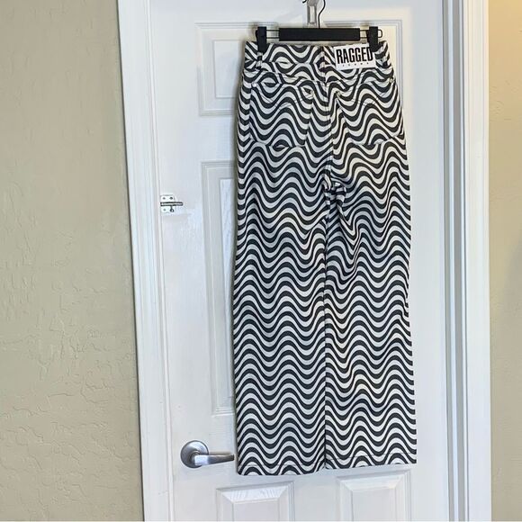 The Ragged Priest Wide Leg Dad Fit Black White Wave Print Jeans Size 24 - Picture 5 of 10